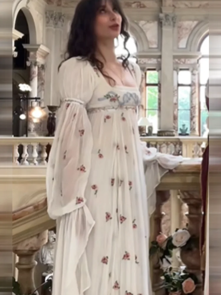 Cottagecore Blumen-Maxikleid für Damen mit Quadratischem Ausschnitt, Langen Puffärmeln, Empire-Taille, Chiffon, Fließendes Vintage Boho Hochzeitsgast-Kleid – Detail 8