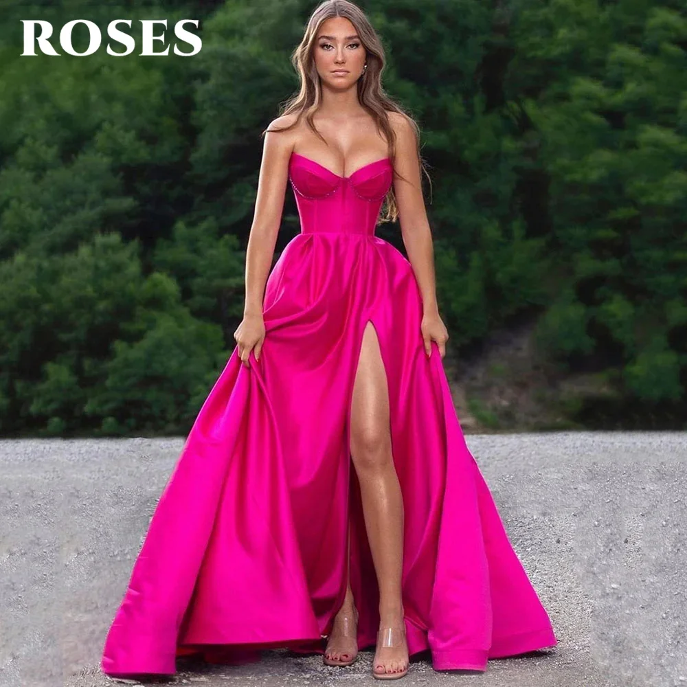 

ROSES Fuchsia Stain Charming Prom Dress Gown Side Split A Line Formal Gown Sweetheart Sleeveless Evening Gown vestidos de noche