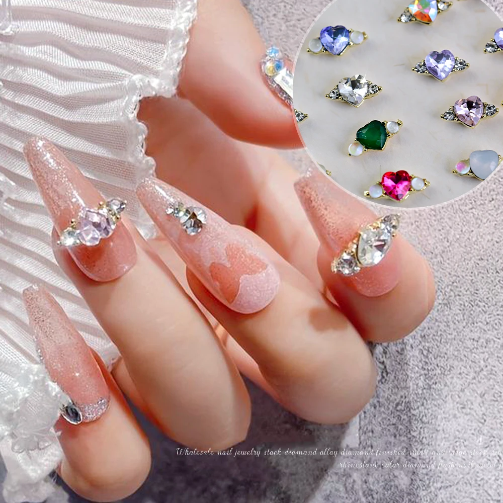 10 Stücke Liebe-Herz Ring 3D Nail art Strass 11x5 cm AB/Klar/Rosa Ring Haufen Diamant Luxus Legierung Gold Herz Maniküre Kristall