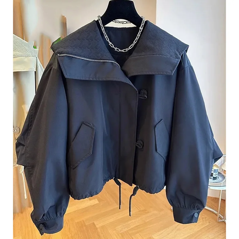 Ladies Loose Fitting Solid Color Buckle Outwear Spring Autumn Female Navy Collar Short Coat Korean Women Long Sleeves Top Jacket