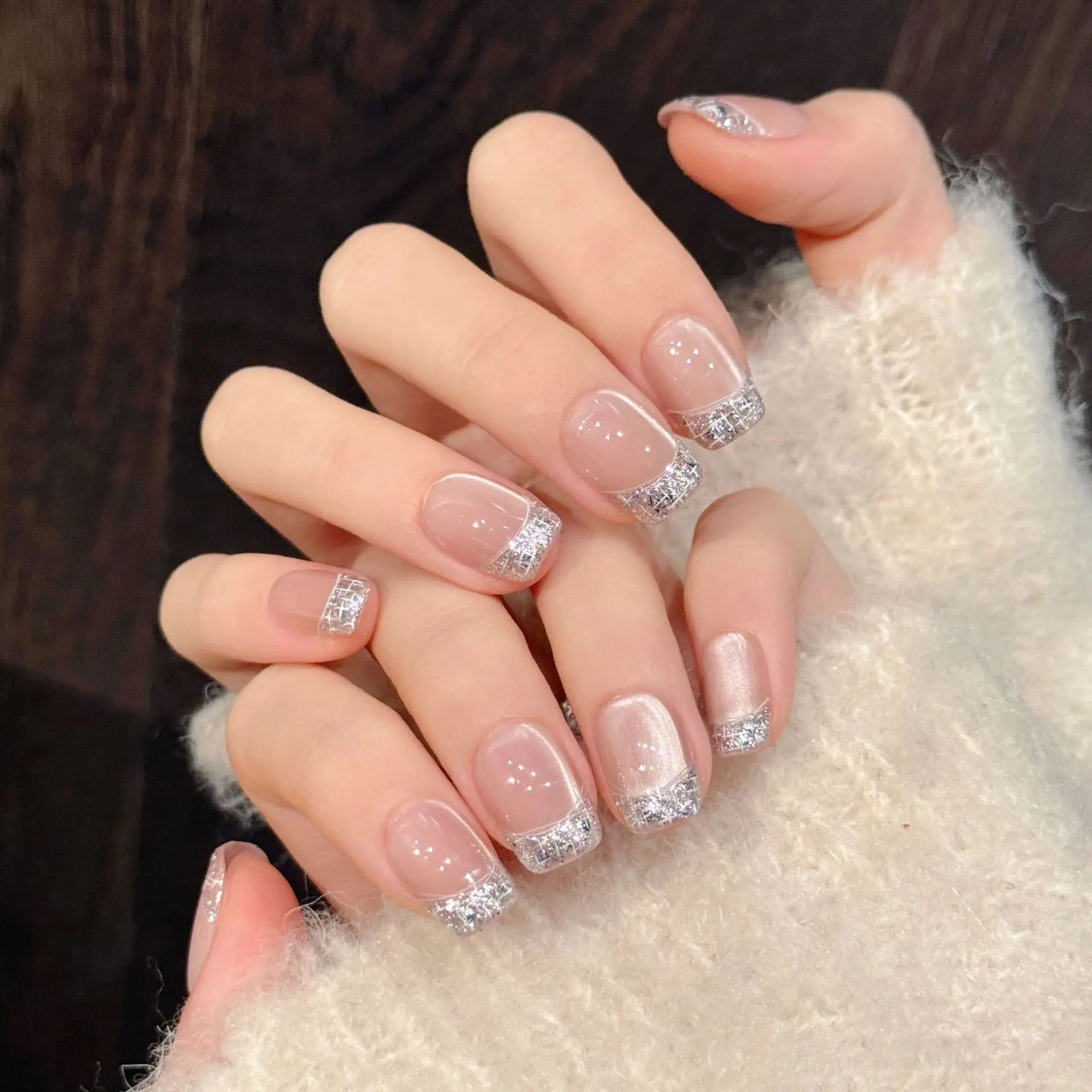 

10Pcs Shiny Powder French Handmade False Nails Simple Cat's Eye Nails Set Press on Short Square Head Full Cover Fake Nails Tips