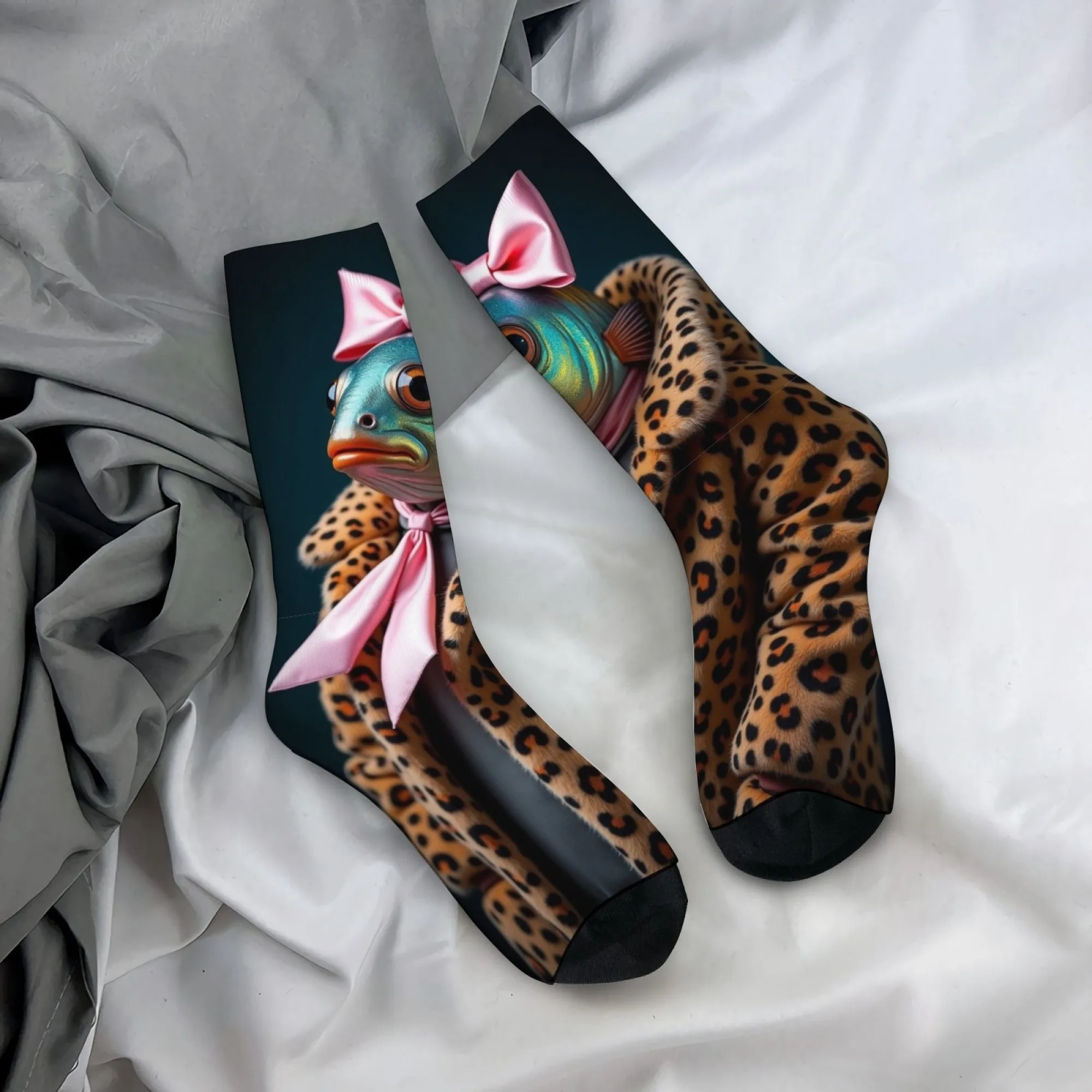 Funny and Novelty Creative Men's Mid-calf Socks with Mermaid and Leopard Print Bow Print for Trendy Street Style Parties