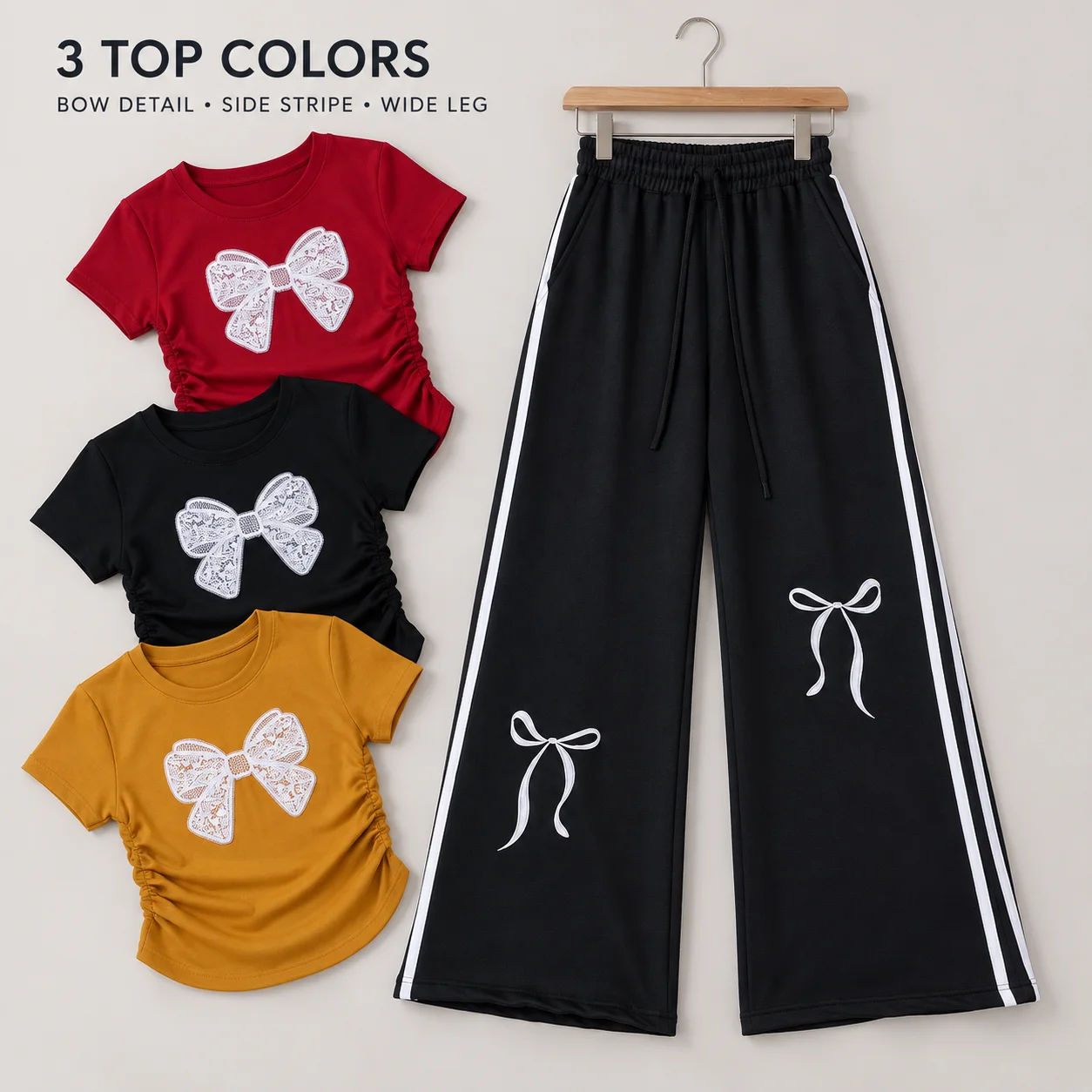 2026 Harajuku Fashion Pants Set Women New Arrival Bow Printed T Shirts High Waist Wide Leg Pants Two Piece Sets Womens Outifits