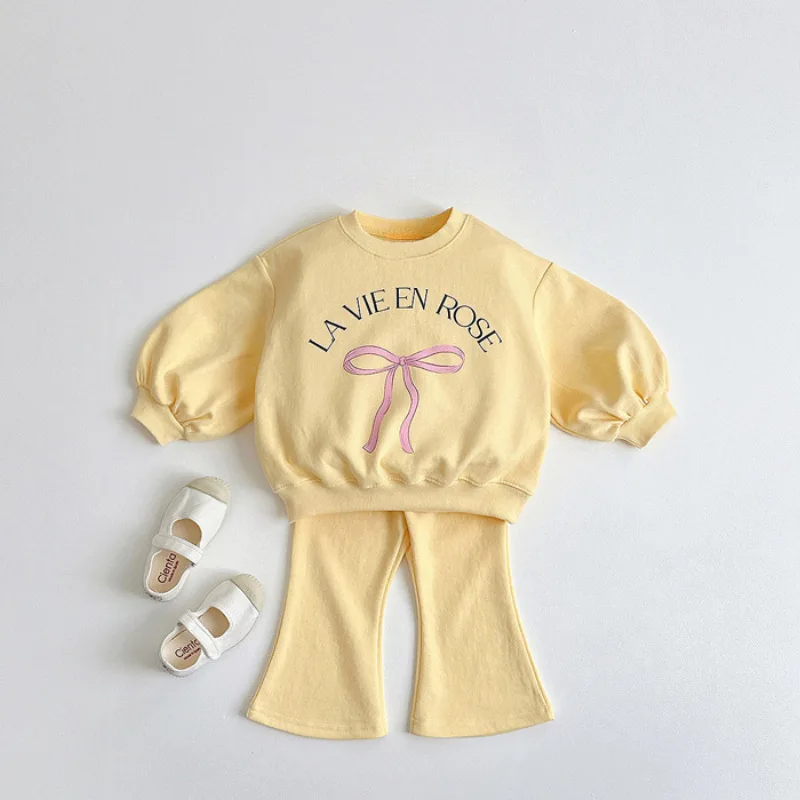 2025 Autumn New Girls Long Sleeve Clothes Set Children Casual Bow Sweatshirt + Flared Pants 2pcs Suit Cotton Kids Girls Outfits