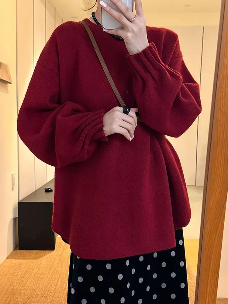 

Korean Design Lantern Sve Thiened Knitted Sweater round Ne Loose Women's Autumn Winter Faionable All-Match Top