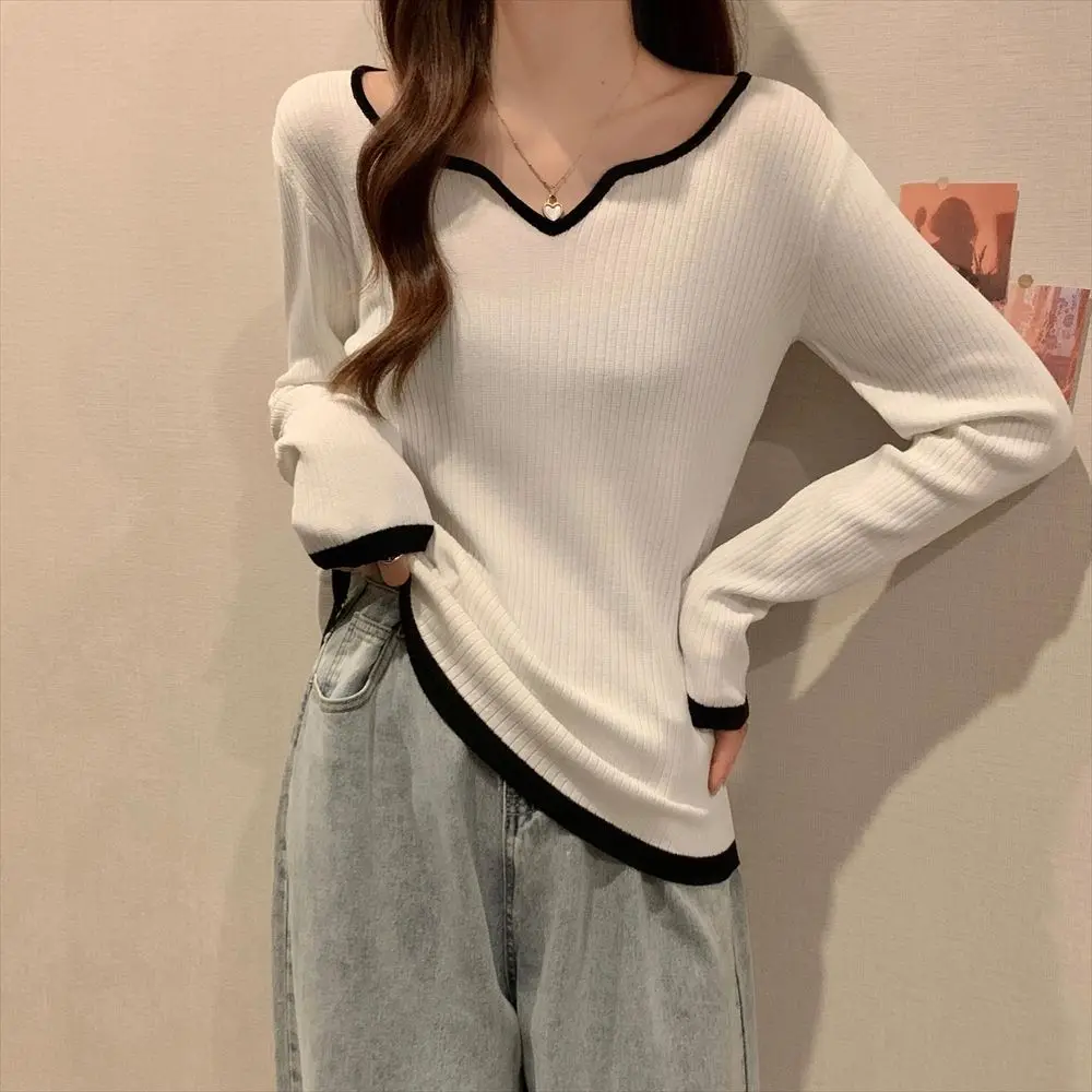 Street Casual Fashion Loose Office Lady Simplicity Autumn Winter Thin Solid T-Shirts Patchwork O-neck Long Sleeve Women Clothing