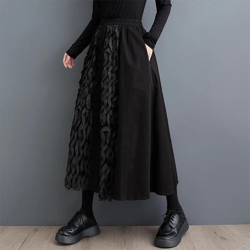 

#3054 Black Skirt Women Split Joint Irregular A-line Skirt Ankle-length Loose High Waist Skirts Womens Side Pockets Streetwear