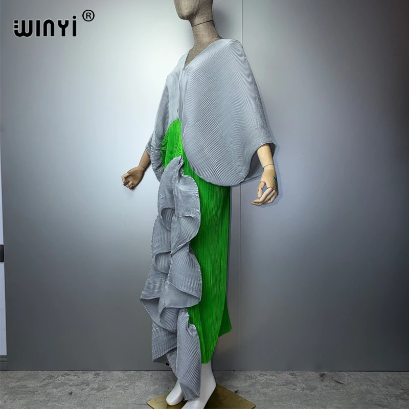 WINYI New Pleated Slim High-Fork Dress for Women Fashion Beach Cover-Up Muslim Kaftan Abaya Dubai Luxury Long Evening Gown view 3