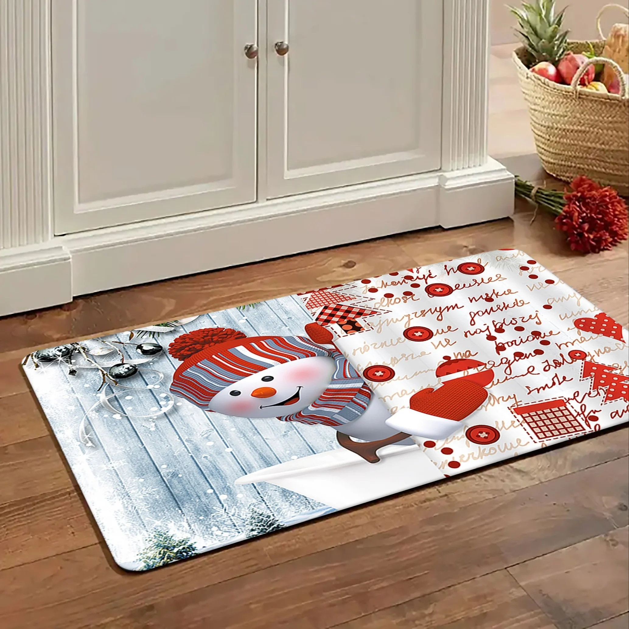 1pc Red‑Glove‑Hat‑Snowman‑Pattern Rectangular Area Rug, Indoor & Outdoor Floor Mat for Bathroom, Living Room, Bedroom, Kitchen