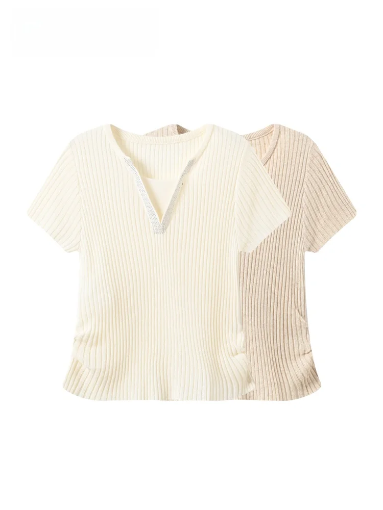 

plus Size Women's Short Sleeve T-Shirt Shoulder Length Casual Style Summer Fashion Meat Concealing Top V-Neck Polyester Fiber