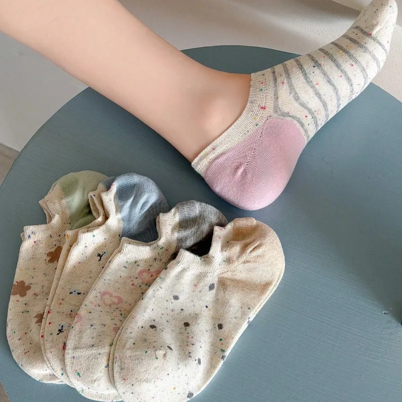 Women Socks New Fashion Summer Cotton Breathable Cute Flower Low Cut Socks for Women Color Blocking Korean Style Invisible Socks