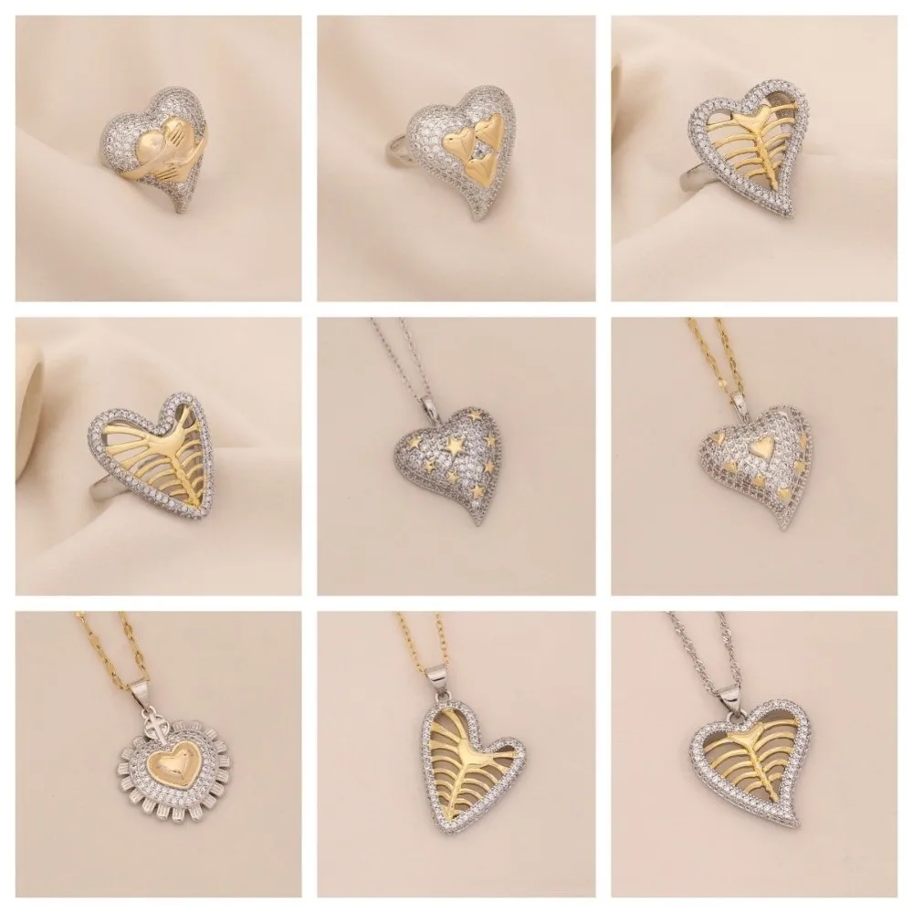 Pierścionek w stylu vintage z motywem czaszki i serca, miedziana biżuteria, łańcuszek na obojczyk symbolizujący ujędrniającą siłę miłości, kreatywny naszyjnik z kryształową gwiazdą.