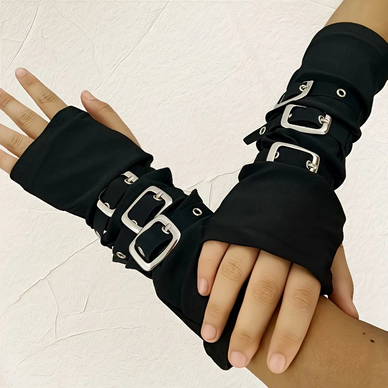 Women Black Gothic Arm Covers Punk Harajuku Dance Sleeves with Metal Buckles Apocalyptic Streetwear Performance Accessories