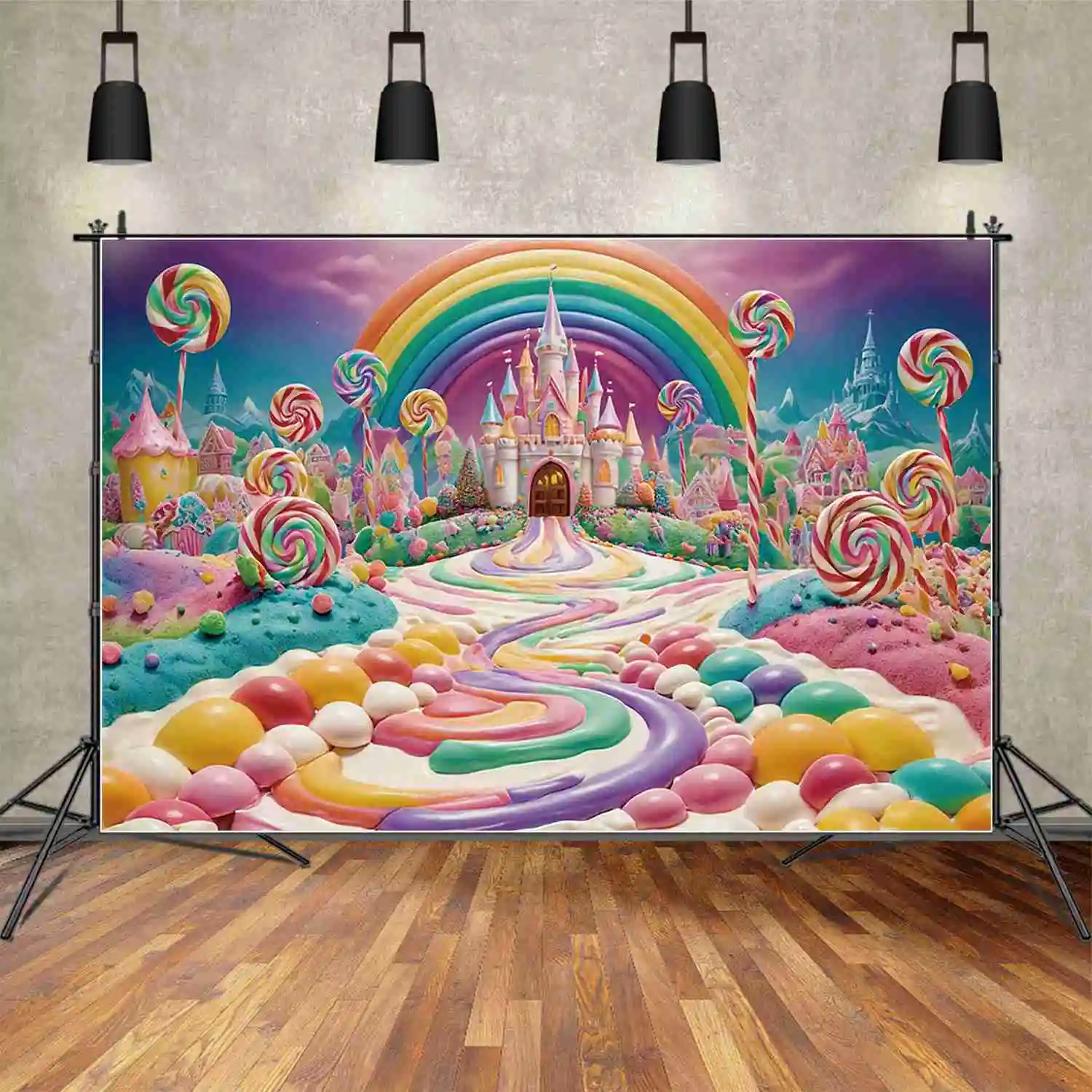 MOON.QG Candy Land Castle Child Deco Birthday Party Photobooth Backdrop Lollipop Rainbow Background Customize Photocall Supplies