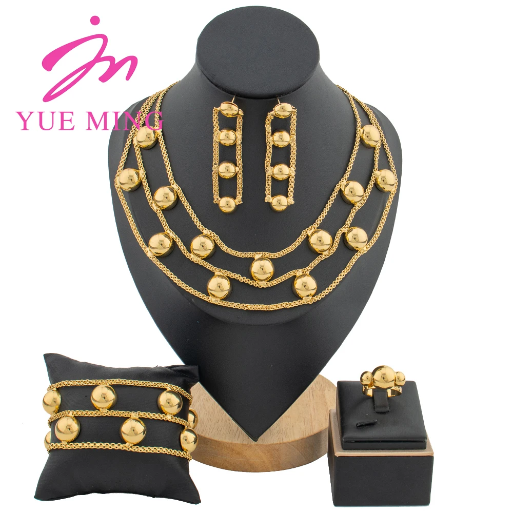 

YM Jewelry Sets for Woman Dubai Gold Plated Necklace All Copper Hollow Surround Earrings Lucky Round Beads Bracelet Ring Gifts