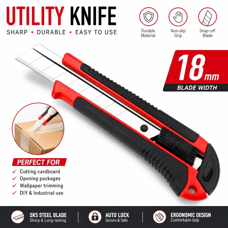 Heavy Duty Utility Knife, 18mm Retractable Box Cutter, Anti-slip Rubber Grip, Wallpaper Cardboard Cutting Tool