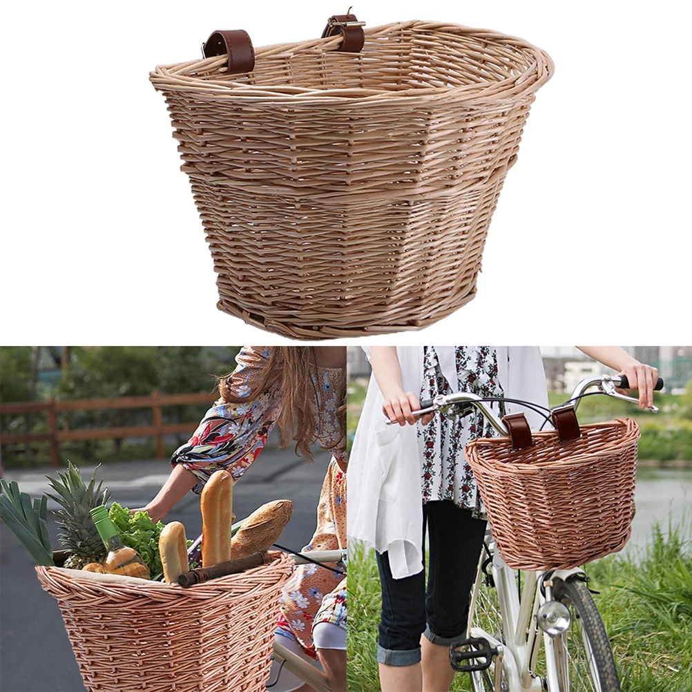 Wicker Basket for Mountain Bikes - Vintage D-Shaped Front Basket with Leather Straps, Handwoven Rattan Material, 36*26*22cm Size