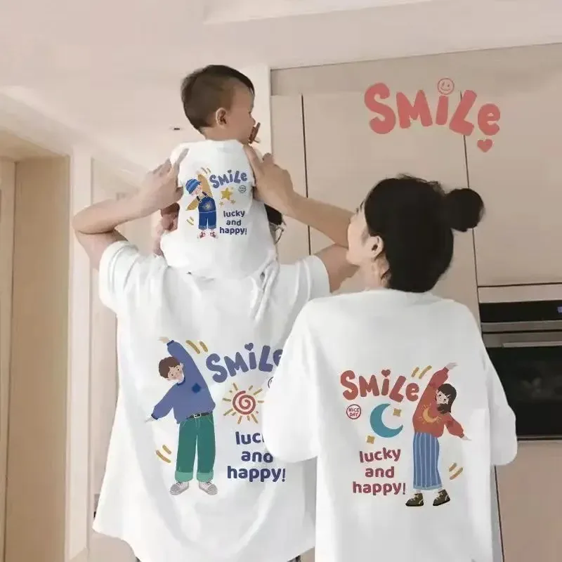 Family Look Lucky Smile And Happy T-Shirt Mother and Kids Matching Outfits Comfortable Mom and Daughter Son Family Clothes Tops