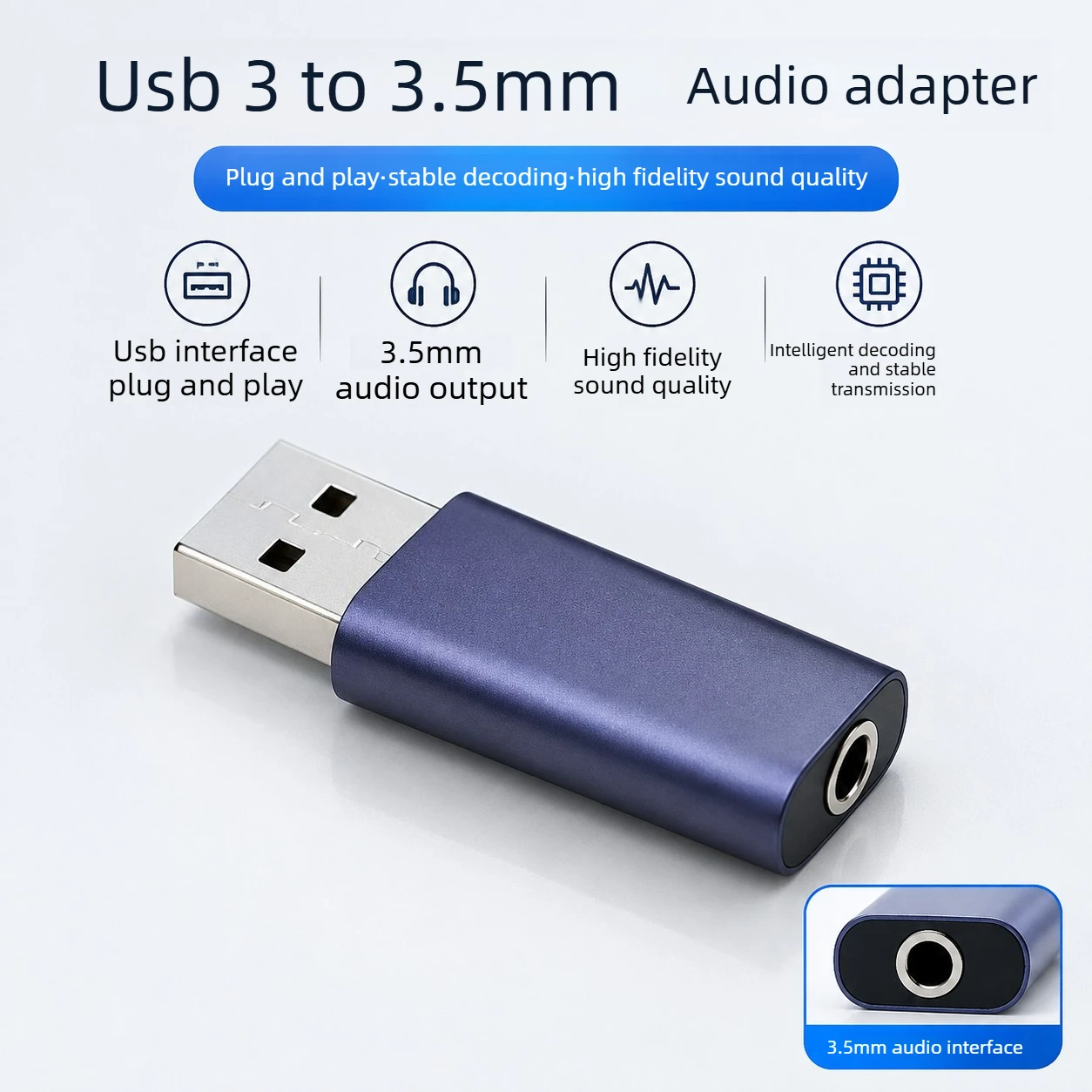 USB to 3.5mm Audio Adapter, Plug & Play External Sound Card with Smart Decoding, High-Quality Stereo Output for Laptop, PC