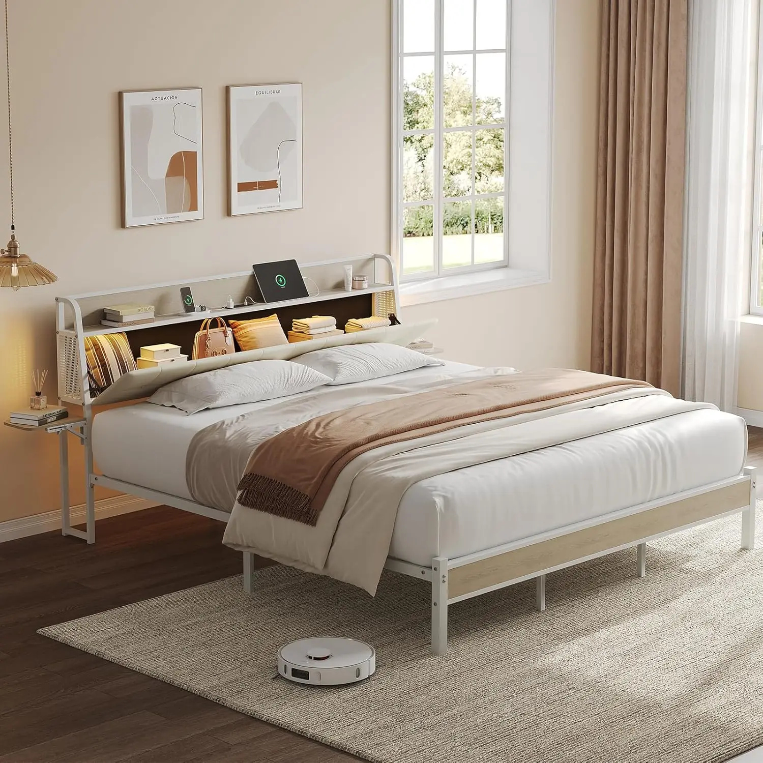 Marco de cama doble con cabecera de almacenamiento y luces LED, cama con plataforma de metal con estantes plegables y estación de carga, sin somier