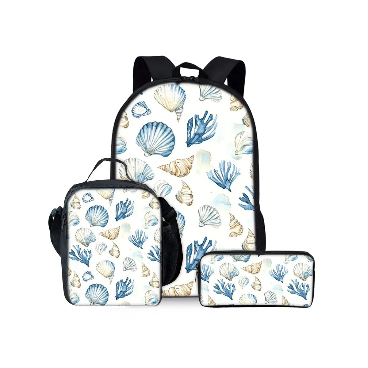 Shell Print Three Piece Backpacks Set for Boy and Girls Best Gifts 2D Flat Cartoon School Bag for Children