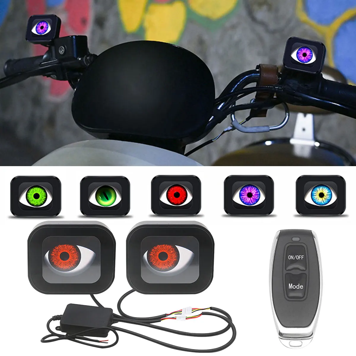 

2PCS Motorcycle Devil Eyes Rearview Mirror Light LED Dynamic Eye Decorative Light Modified Fog Light Motorbike Handle Decor