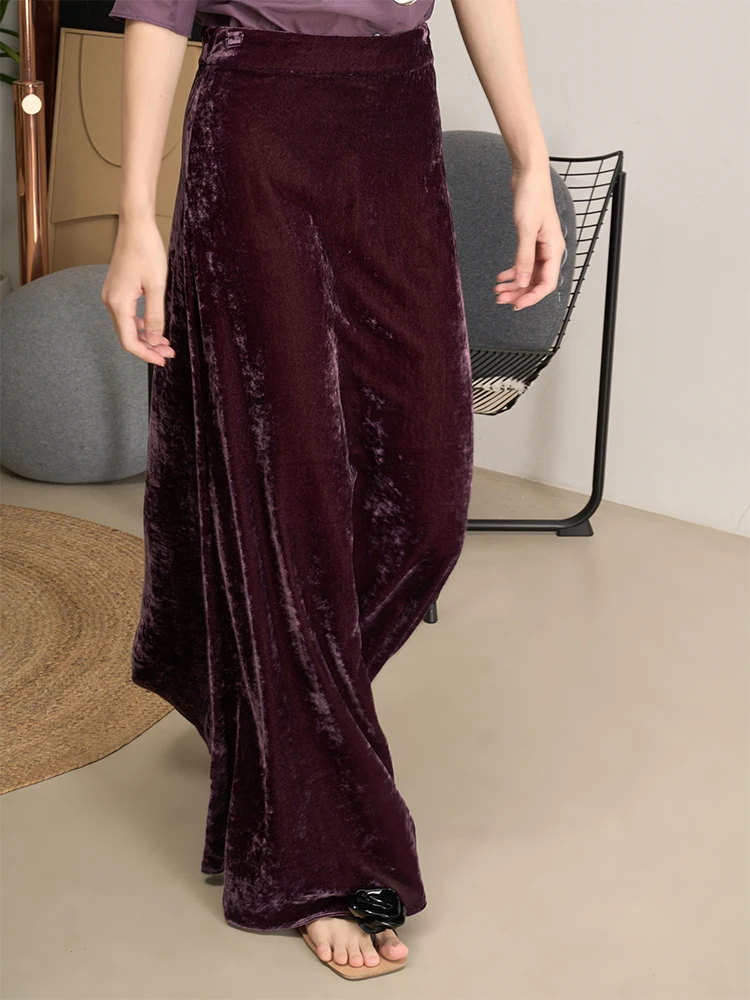 

LANVIVIER Artistic Metal Luster Silk Velvet Long High Waist Skirt Ele k Purple Evening Gown Women's Faion
