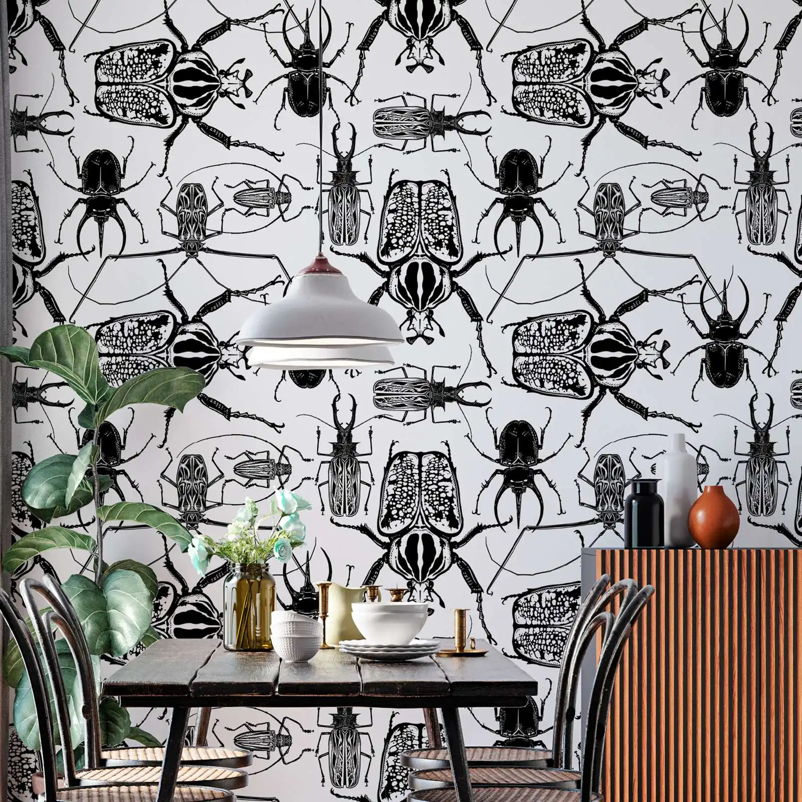 Insect Wallpaper Peel and Stick,Beetle Wall Mural For Home Decorations  Accent Wall Decor,Black and White Animal Wall Mural Roll