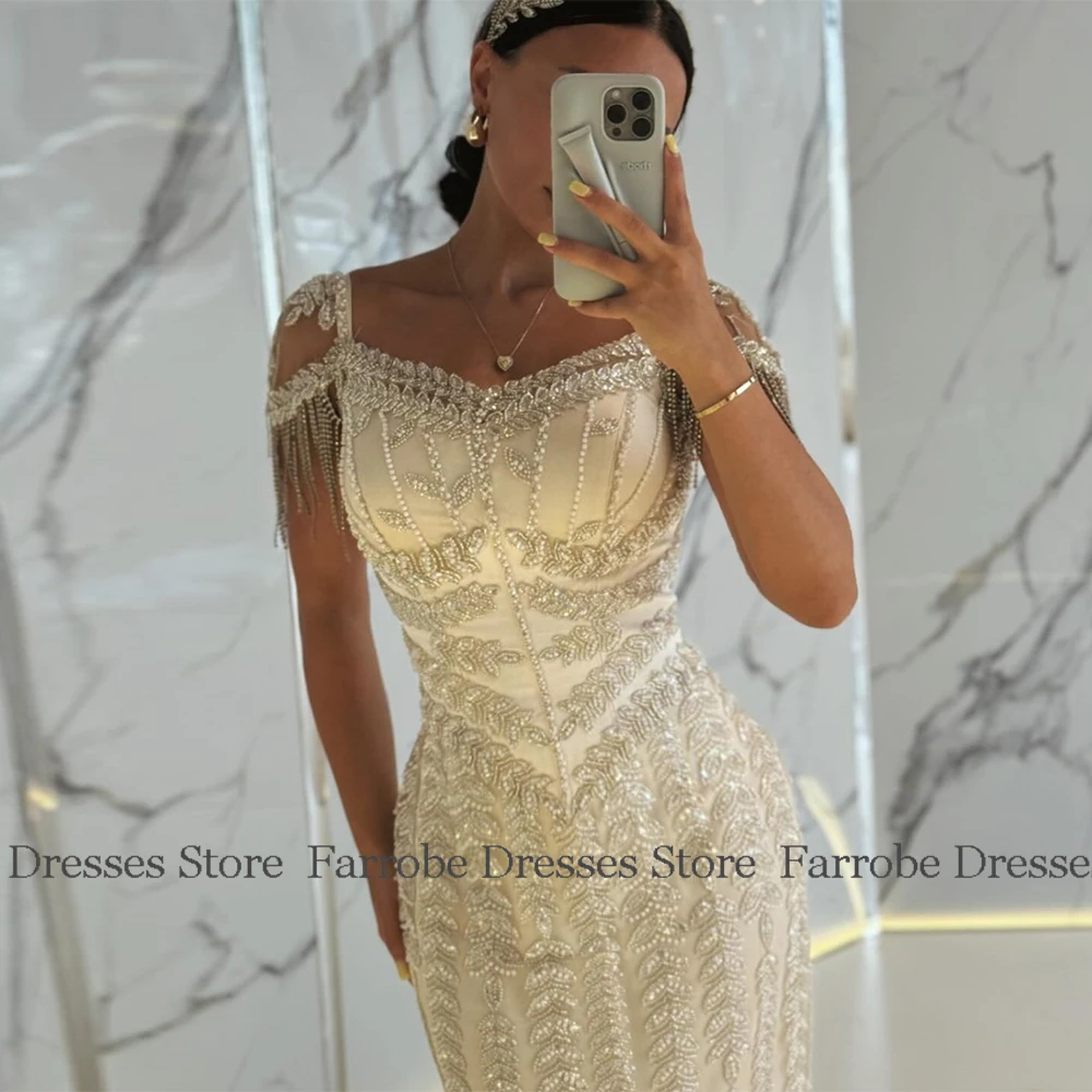 Charming Heavy Work Evening Dresses Satin Sheath/Column Valentine's Day Dress Ivory V-neck Beads Tassel Birthday Party Dresses image 6