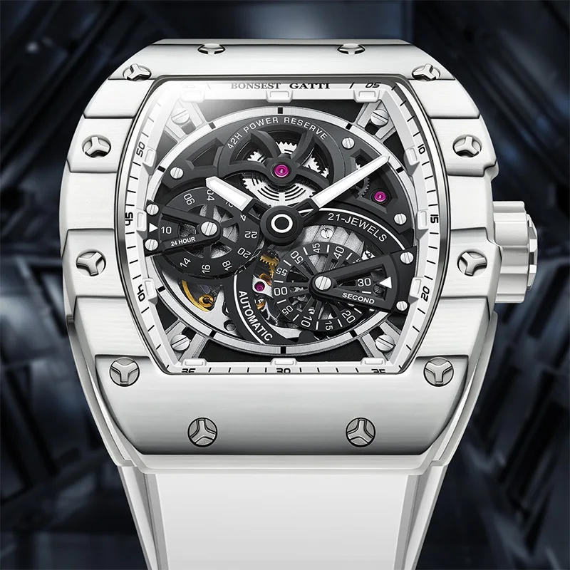 

Мужские механические часы BONEST GATTI, корпус из углеродного волокна в форме бочонка, резиновый ремешок, высококачественные автоматические часы со скелетом