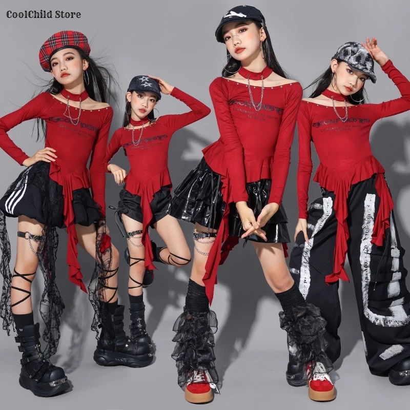 

Хип-хоп для девочек K-pop укороченный топ с открытыми плечами, брюки с граффити, танцевальные юбки, детская уличная одежда, шорты, комплекты детской одежды для джазовых девочек