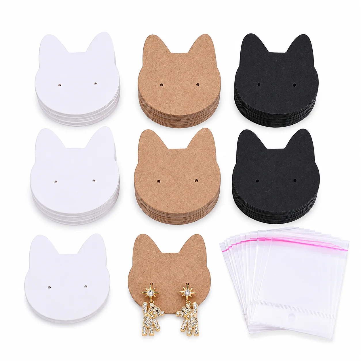 100-teiliges Set: 50 Katzenförmige Ohrring-Displaykarten und 50 selbstklebende Beutel, Kraftpapierkarten für Schmuckverpackung und -präsentation – Detail 5