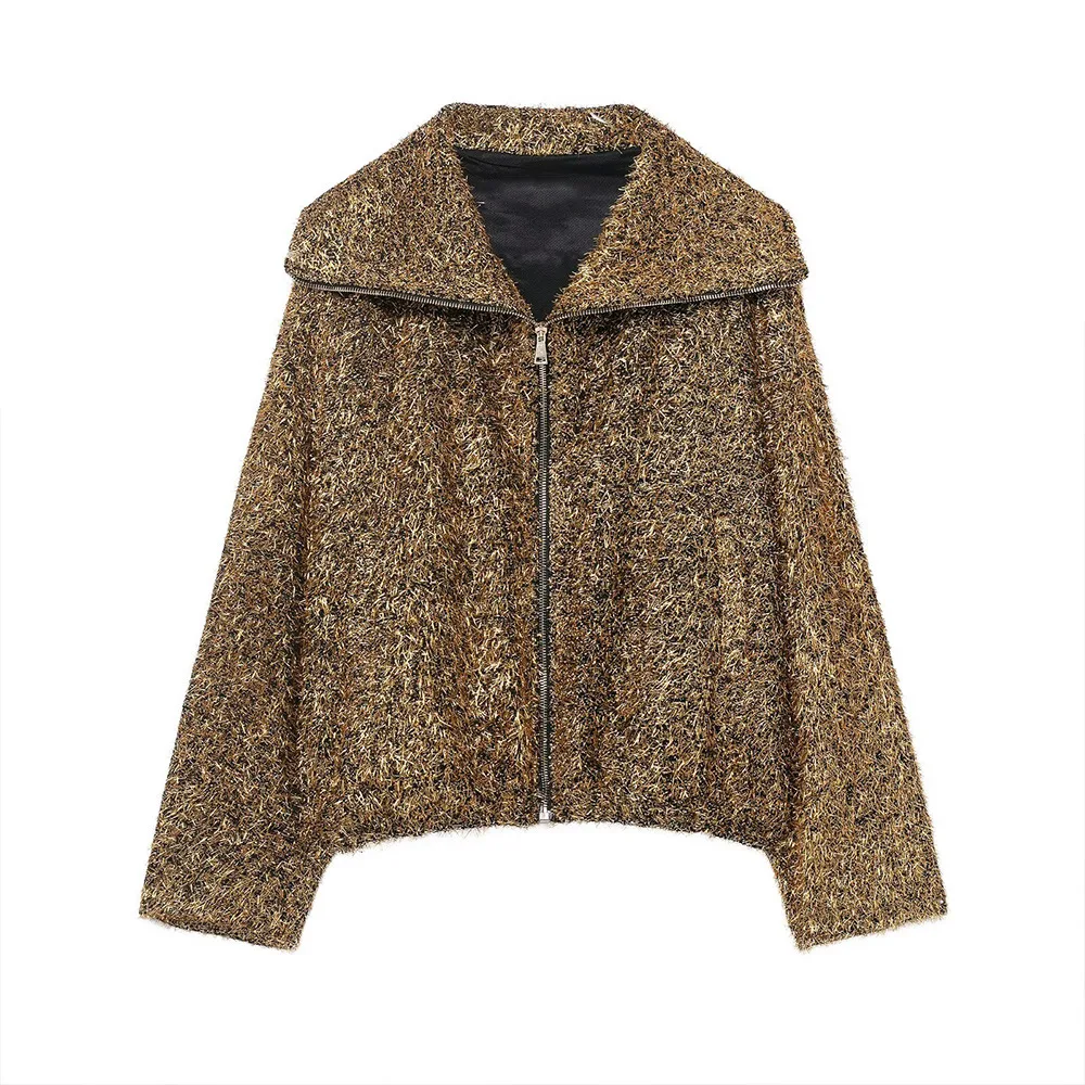 

2025 Winter New European and American Retro Fashion Metallic Thread Large Lapel Aviator Versatile Jacket