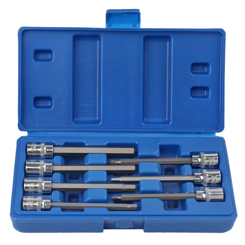Extended ball-end hex socket wrench with internal hex head and ratchet mechanism