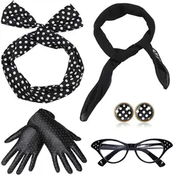 PESENAR 1950s Vintage Style Women's Bachelor Party Palka Dots Hairband Glasses Earrings Gloves 5 Piece Set