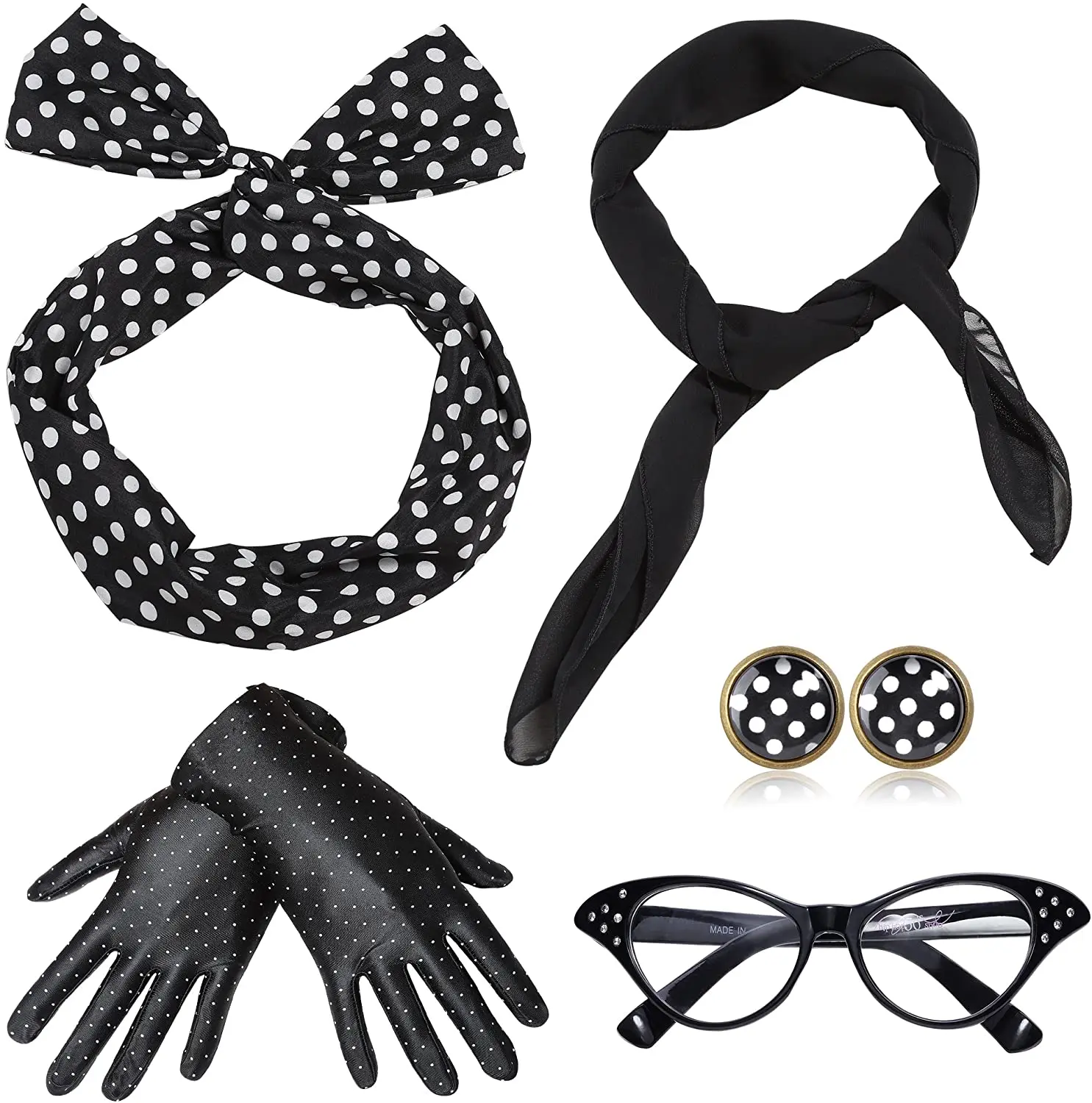 PESENAR 1950s Vintage Style damski wieczór kawalerski Palka kropki opaska do włosów okulary kolczyki rękawiczki 5-częściowy zestaw