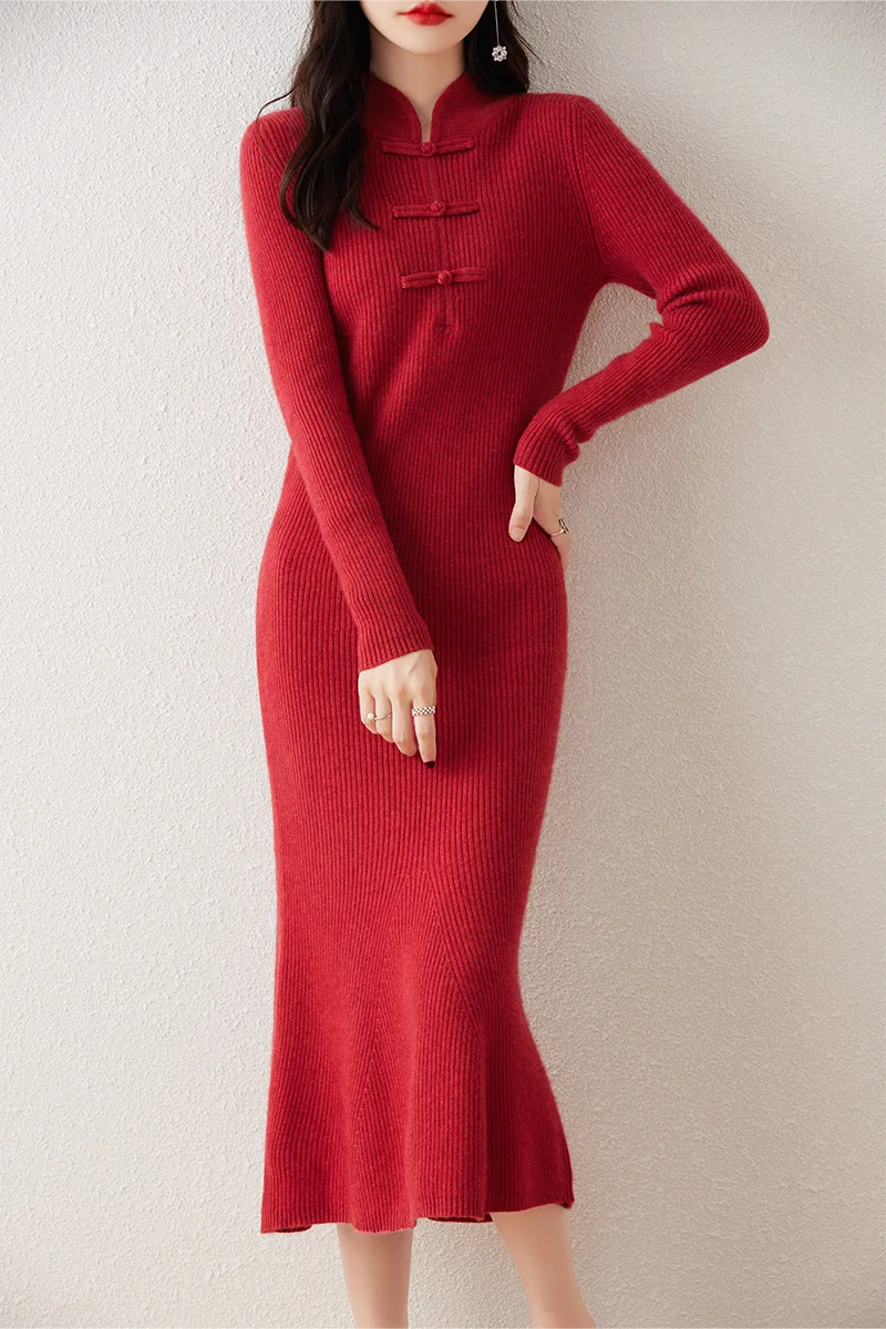 

Chinese dish buckle autumn and winter 100% pure wool knitted fishtail skirt long slim-fit over the knee dress cashmere sweater