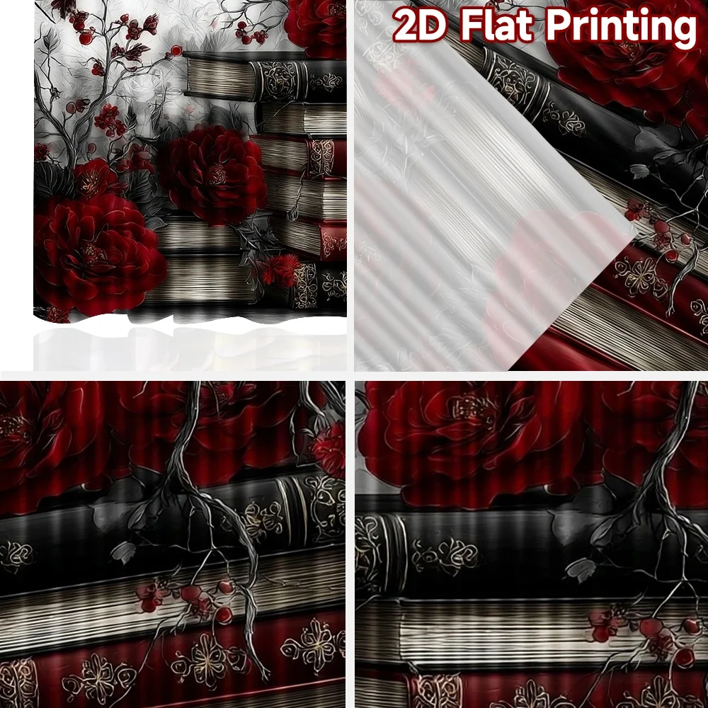 2pcs Red Rose Vintage Books Curtains Dark Academia Floral Window Drapes Gothic Aesthetic Decor Living Room Bedroom