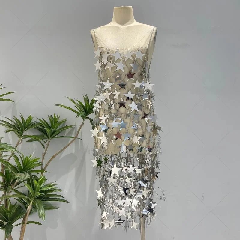 

Faionable Yanie Sexy Club Sequin Dr Top f Skirt Trendy Five-Pointed Star iny Body Chain Women's Ensemble