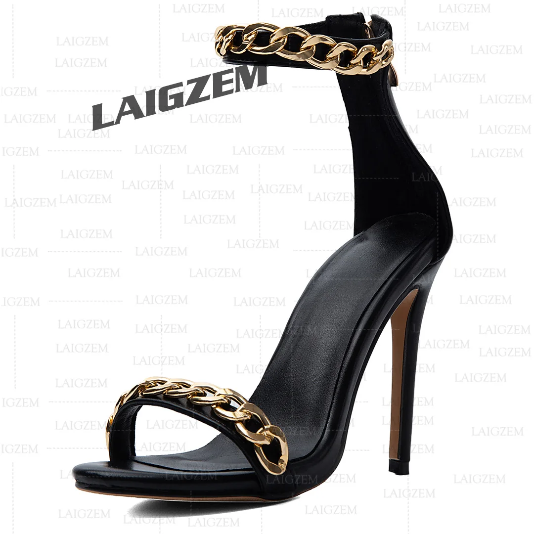 LAIGZEM Damen-Sandalen mit offenem Zehenbereich, dünne hohe Absätze, Pumps mit Ketten, Reißverschluss hinten, handgefertigte Damen-Abendschuhe, große Größen 39, 41, 44, 52