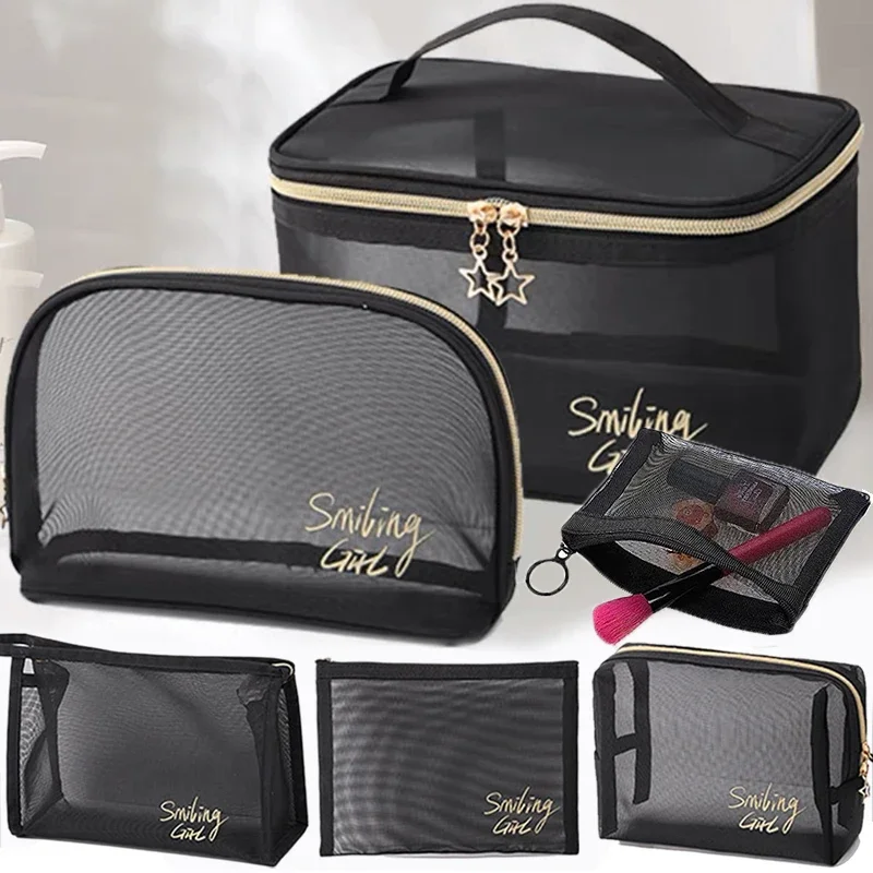 Neceser de viaje de gran capacidad para mujer, estuche de maquillaje de malla negra, organizador, bolsa de almacenamiento, bolsa de aseo informal con cremallera