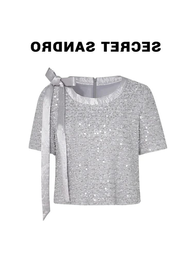 

iny Sequin ort Sve T-irt Women's Spring Faion Knot Ele Top Polyester Fiber n Sle round Ne