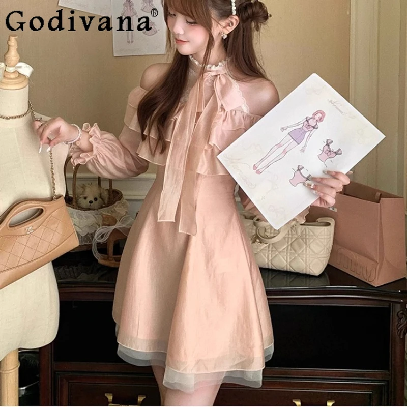 Fora do ombro renda malha retalhos vestido início do outono feminino claro suave multi camada plissado vestido meninas cintura vestido curto