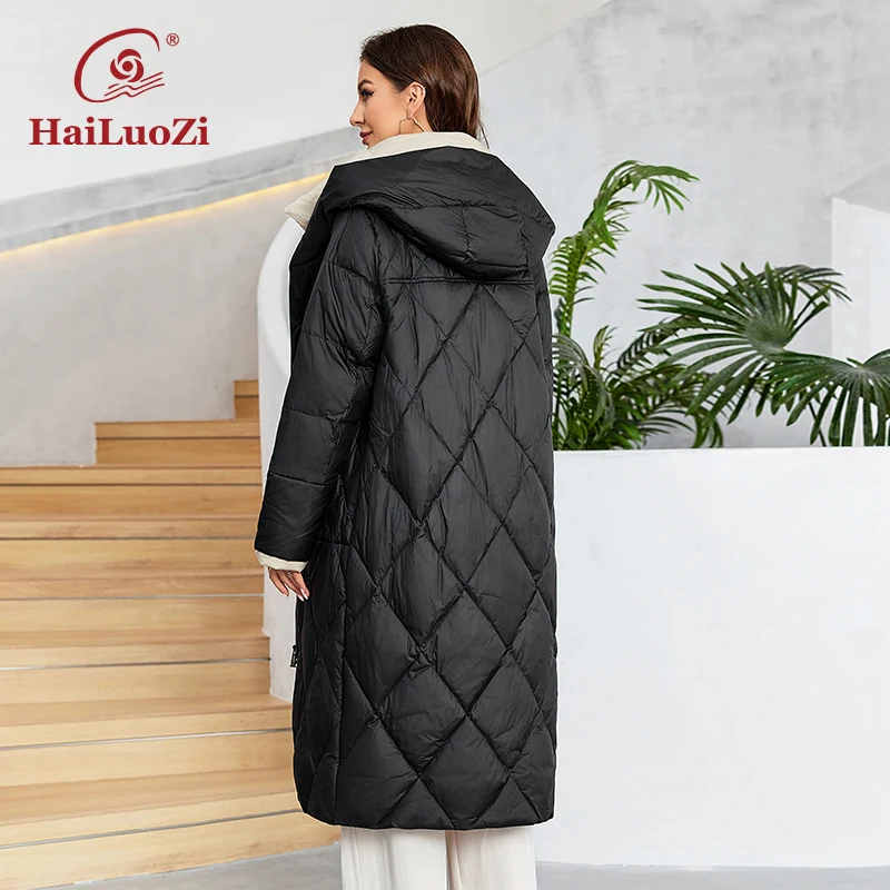 HaiLuoZi-Manteau en duvet pour femme avec poche inclinée et ceinture, parkas chaudes légères, veste matelassurera à capuche, hiver, nouveau, 2023,