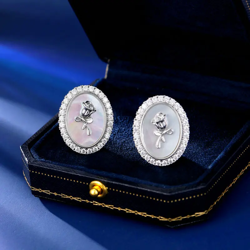 

French retro high-end style s925 silver needle earrings, geometric oval, simple and elegant, natural shell rose stud earrings