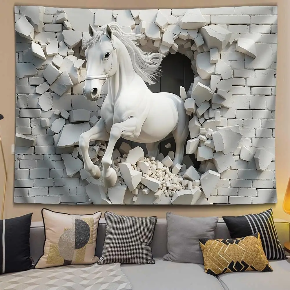 Animal Horse Running Tapestry Luxurious 3D Horse Breakthrough Wall Art Tapestry Modern White Running Horse Passion for Freedom