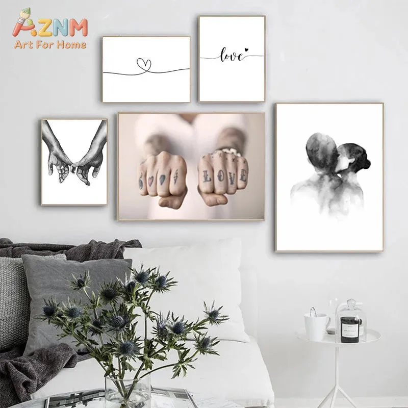 AZNM Frameless Canvas Poster Minimalist Love Line Art Print, Couple Hands Tattoo Kissing Figure Black White Wall Art Picture for
