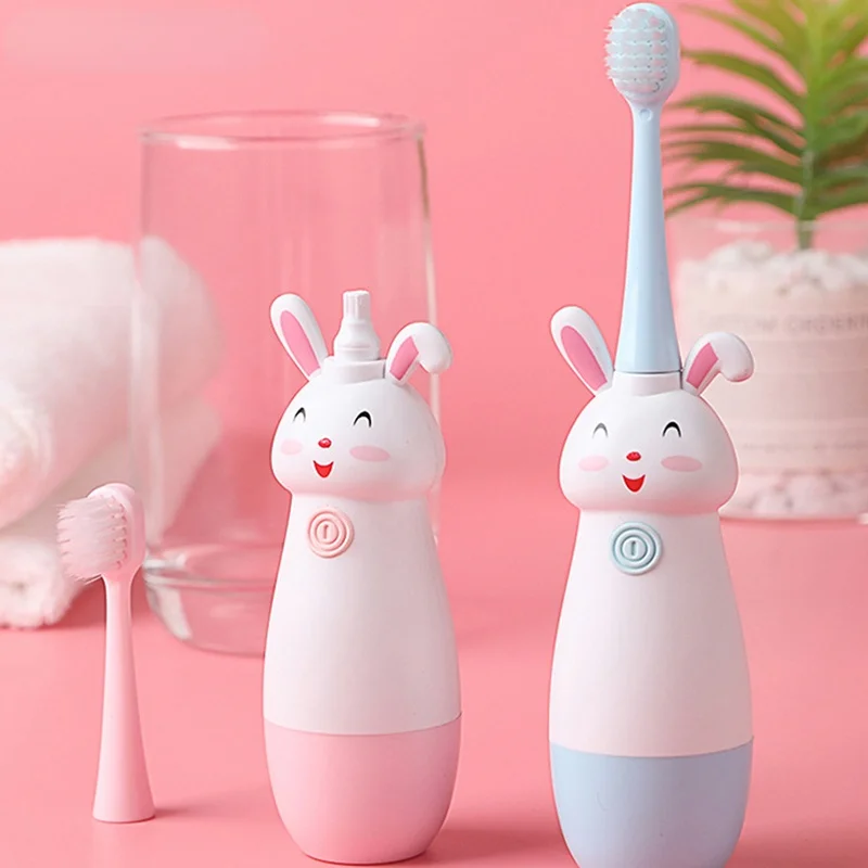 Children Electric Toothbrush Rotating Cute Bunny Cartoon Pattern Kids with Soft Replacement Heads Portable Non-Slip Toothbrush