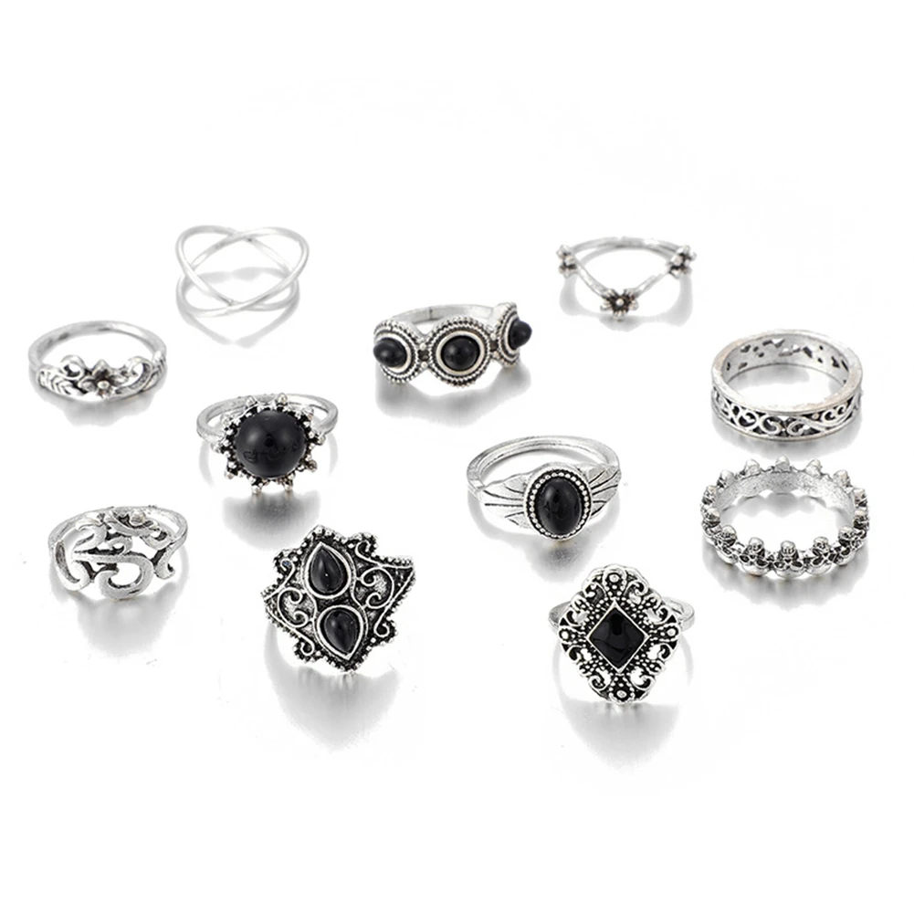 11Pcs/Set Vintage Antique Silver Color Rhinestone Boho Ring Set for Women Geometric Knuckle Midi Ring Set