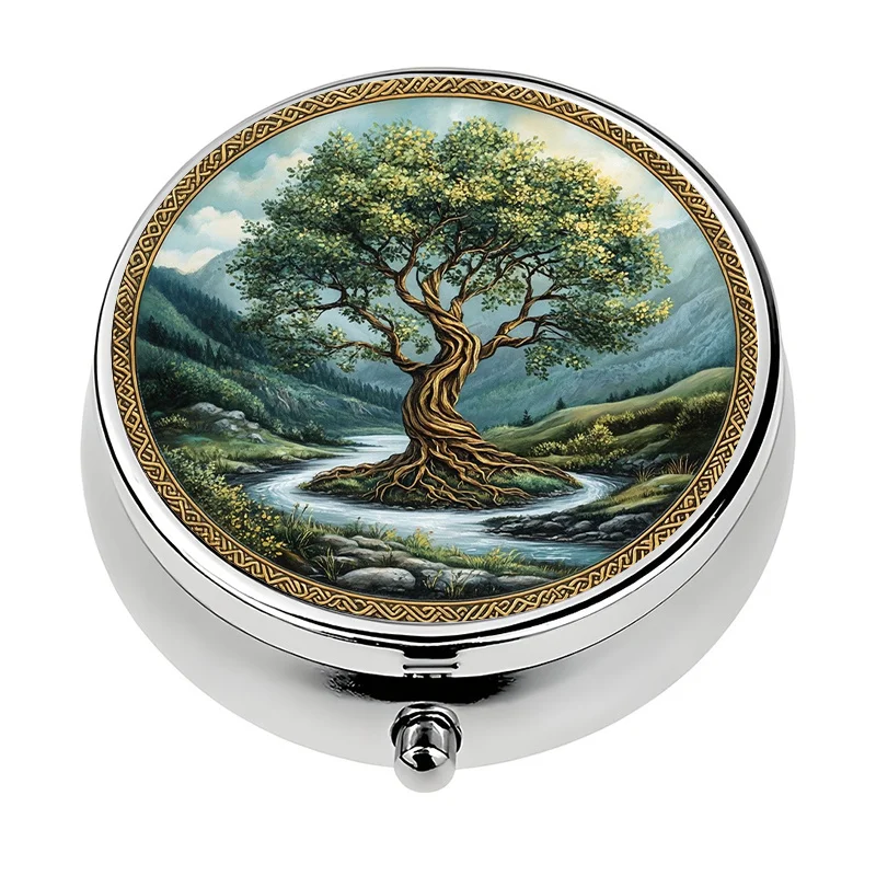 A single portable pill box with a three-compartment design and a Tree of Life pattern, perfect for carrying in a handbag. Very suitable for travel and vitamin storage
